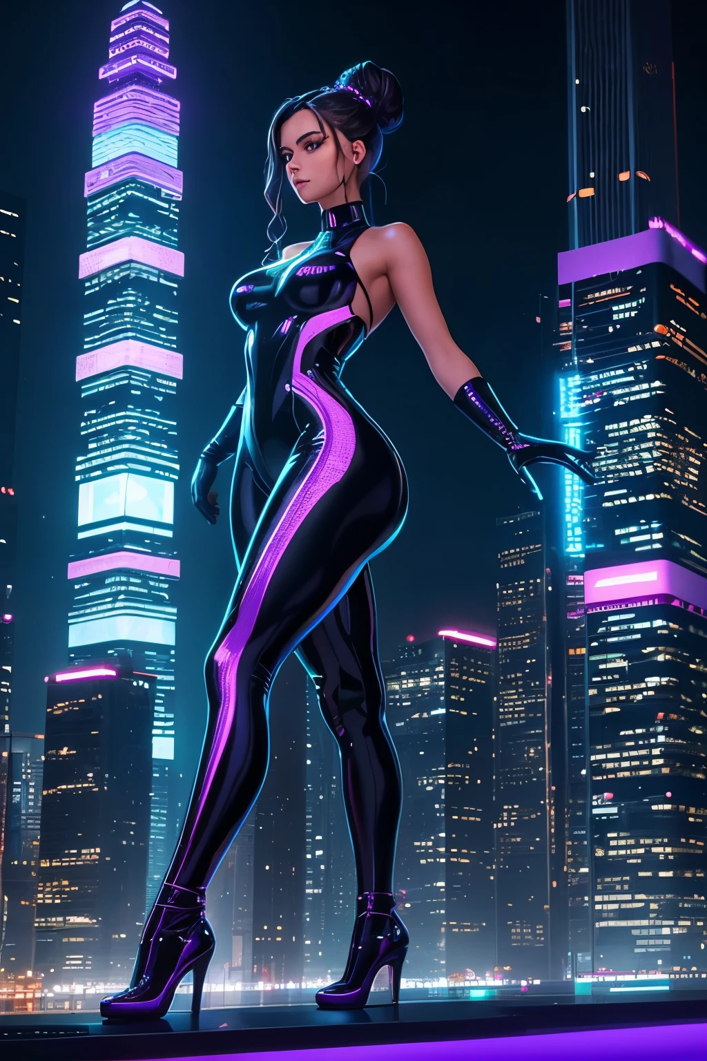 In the heart of a futuristic city, a radiant figure stands out against the backdrop of neon lights and towering skyscrapers. She is clad in a sleek, metallic jumpsuit, its hues shifting subtly with the city's ever-changing energy. Her hair, a cascade of electric blue waves, is pulled back into a tight bun, adorned with holographic spirals that sparkle with every movement. Her eyes, a vivid violet, seem to glow with an otherworldly light, reflecting the cityscape around her. The city beneath her feet is a symphony of pulsating lights and humming technology. In the background,