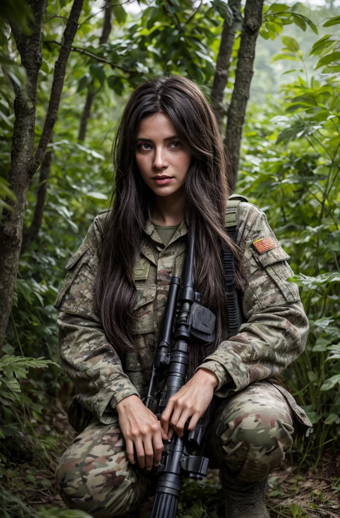 4K image of female sniper hiding in leaves., Wear a ghillie suit., Wear a sniper style camouflage uniform. ,Dark color, Masterpiece, Soft lighting and atmosphere, (god rays)
