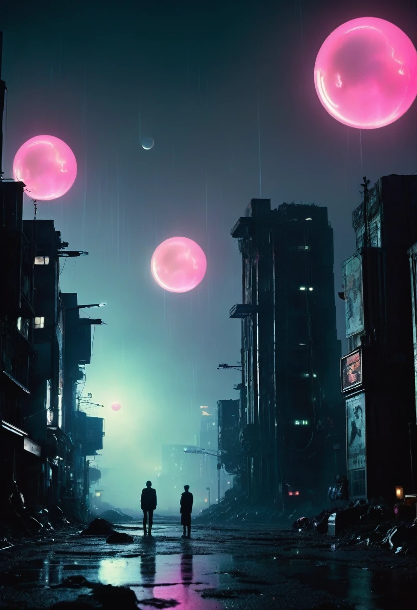 blurred aerial view with lightning in the night sky on A surrealist 2024s film-still of a humanoids creatures made entirely of bright black bubble gum, squatting and stares at the big black cubic monoliths, detailed atmospheric and gritty, blade runner aesthetic, post apocalyptic tokyo, still from blade runner.. The sky is dark and there are two moons in the distance, . The mood is one of mystery and wonder.