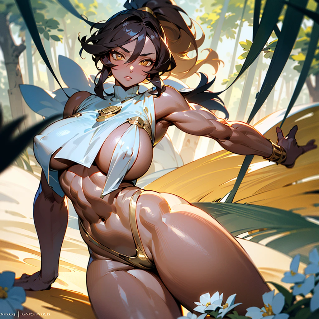 ((best quality)), ((masterpiece)), (detailed), 1girl, off-shoulder sweater, 8k_wallpaper, extremely detailed eyes, extremely detailed body, (large masterpiece digital art), ((perfect anatomy huge chest)), (intricate details:1.3), (ultra-detailed:1.3), (sharp focus:1.3), (natural lighting:1.05), (vivid colors:1.3), (best quality:1.4), high quality, expressive eyes, full body, tall girl, detailed face, beautiful face, perfect face, detailed ((sand hair)), (gold eyes), {{dark skin}}, ({dark skinned female}), gigantic breasts, thick thighs, a young Korean woman, (with golden eyes), (ponytail sandy lush hair), {tanned dark bronze skin}, (a huge chest), [[nipple piercing]], powerful sculpted leg muscles, powerful sculpted arm muscles, powerful sculpted abdominal muscles, sculpted thigh muscles, no underwear, naked, walking through the forest, trees with blue foliage and white flowers,