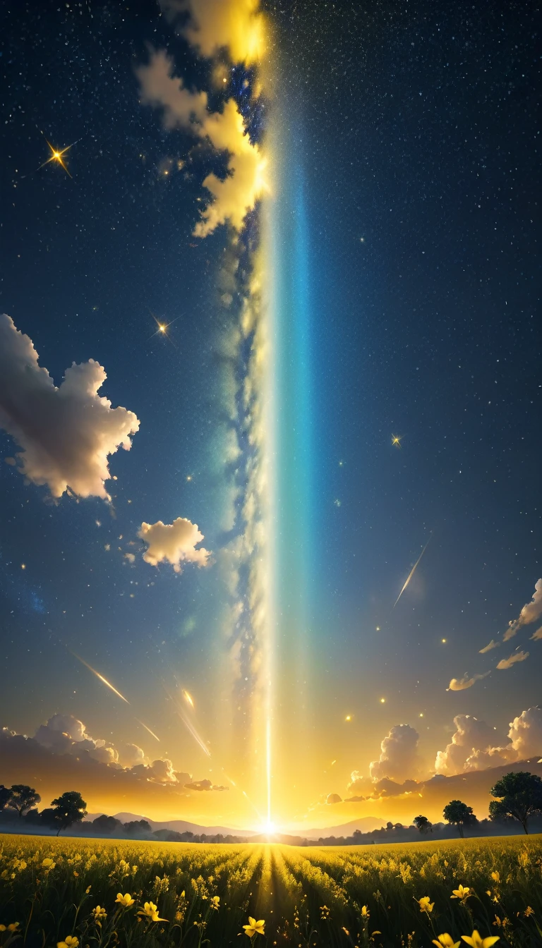 Yellow Sky,Band of Light,Particles of light,Twinkling Stars Ultra-Realistic, photo-realistic, ultra-definition, 4K, top quality, masterpiece,The sky