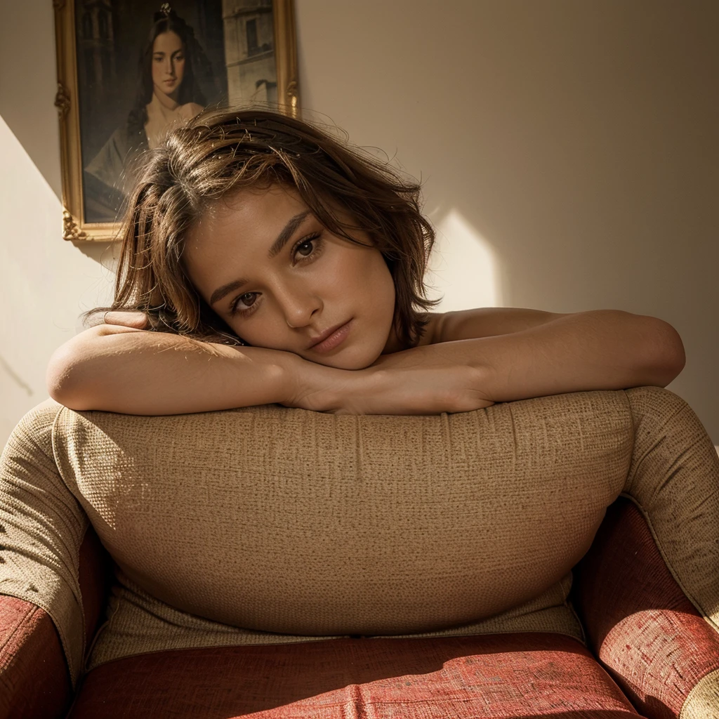 le même visage mais plus réaliste, la est poser sur une chaise, regarde dans les yeux, bien habillé