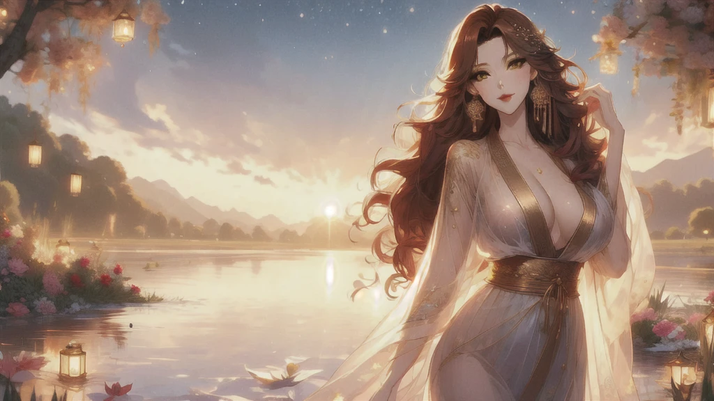 UHD, textured skin, high detail, anatomically correct, SOLO, 1 female, Xian mei, unique golden eyes, long red curly hair, jewelry, round, big breasts, perfect anatomy, walking by the lake, clear water nude, nude, sexy, hot , stars at night, shooting stars, wonderful sky, dear night sky,