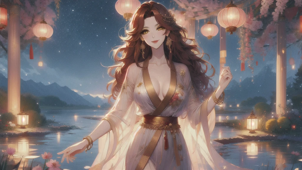 UHD, textured skin, high detail, anatomically correct, SOLO, 1 female, Xian mei, unique golden eyes, long red curly hair, jewelry, round, big breasts, perfect anatomy, walking by the lake, clear water nude, nude, sexy, hot , stars at night, shooting stars, wonderful sky, dear night sky,