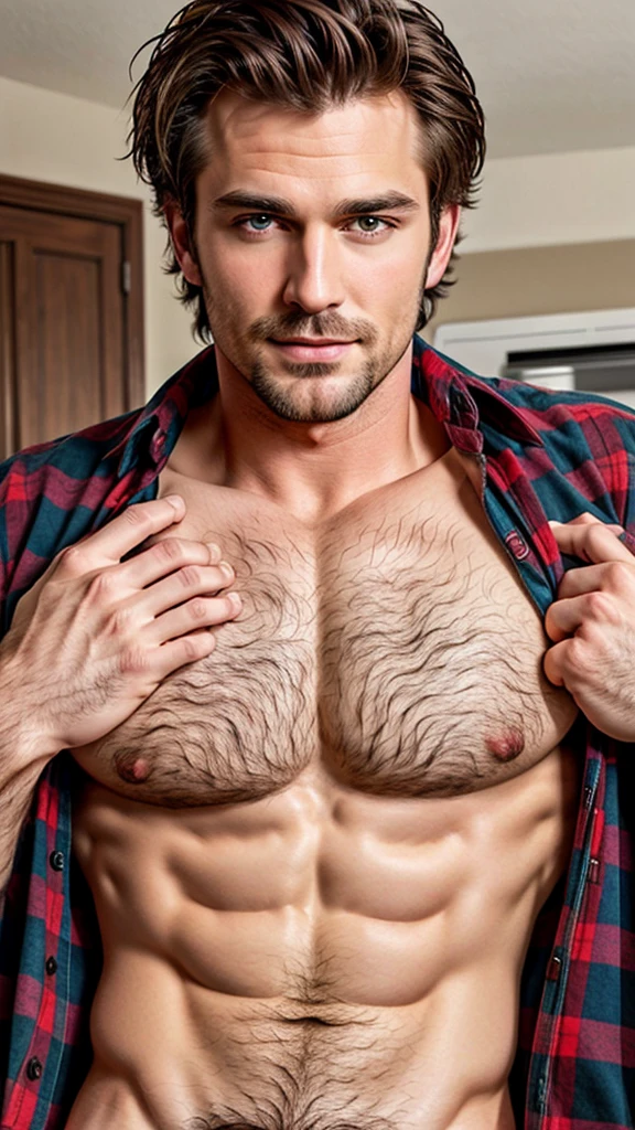 A sexy man wearing a flannel shirt, cleavage, chest hair, nipples, looking at camera seductively, realistic photo, homoerotic, handsome face, detailed eyes,great hair, penis 