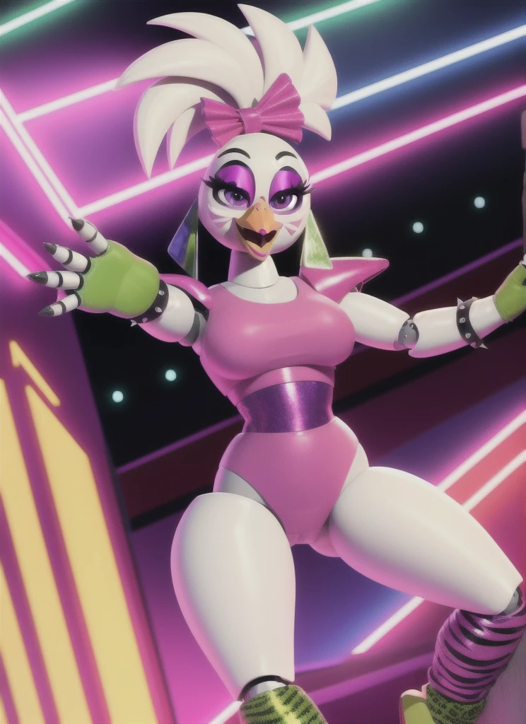 glamrockchica, furry female, robot, (best quality, masterpiece:1), shoulder pads, leotard, leg warmers, beak, spiked bracelet, green gloves,  medium breasts, open mouth, hands spreading buttcheeks, (concert stage background:1.1), 