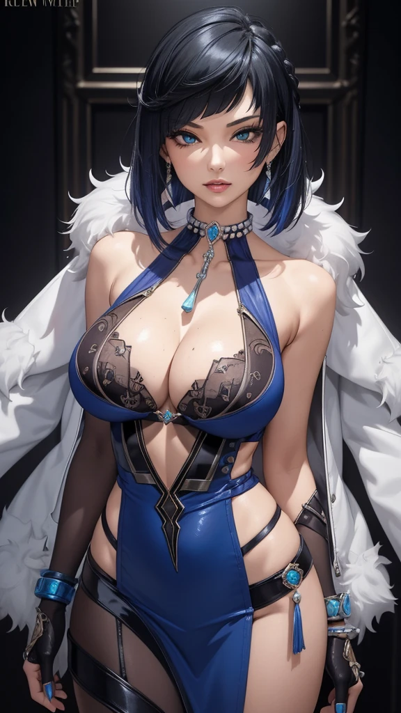 Best quality, masterpiece, realistic, Beautiful sexy cool tall, slim, fit woman, wearing sexy short fancy silver-blue sequin bikini  bra top and black tight pants, midriff, intricate and highly detailed, big breasts, deep cleavage, bob black hair, body chain, jewelry.