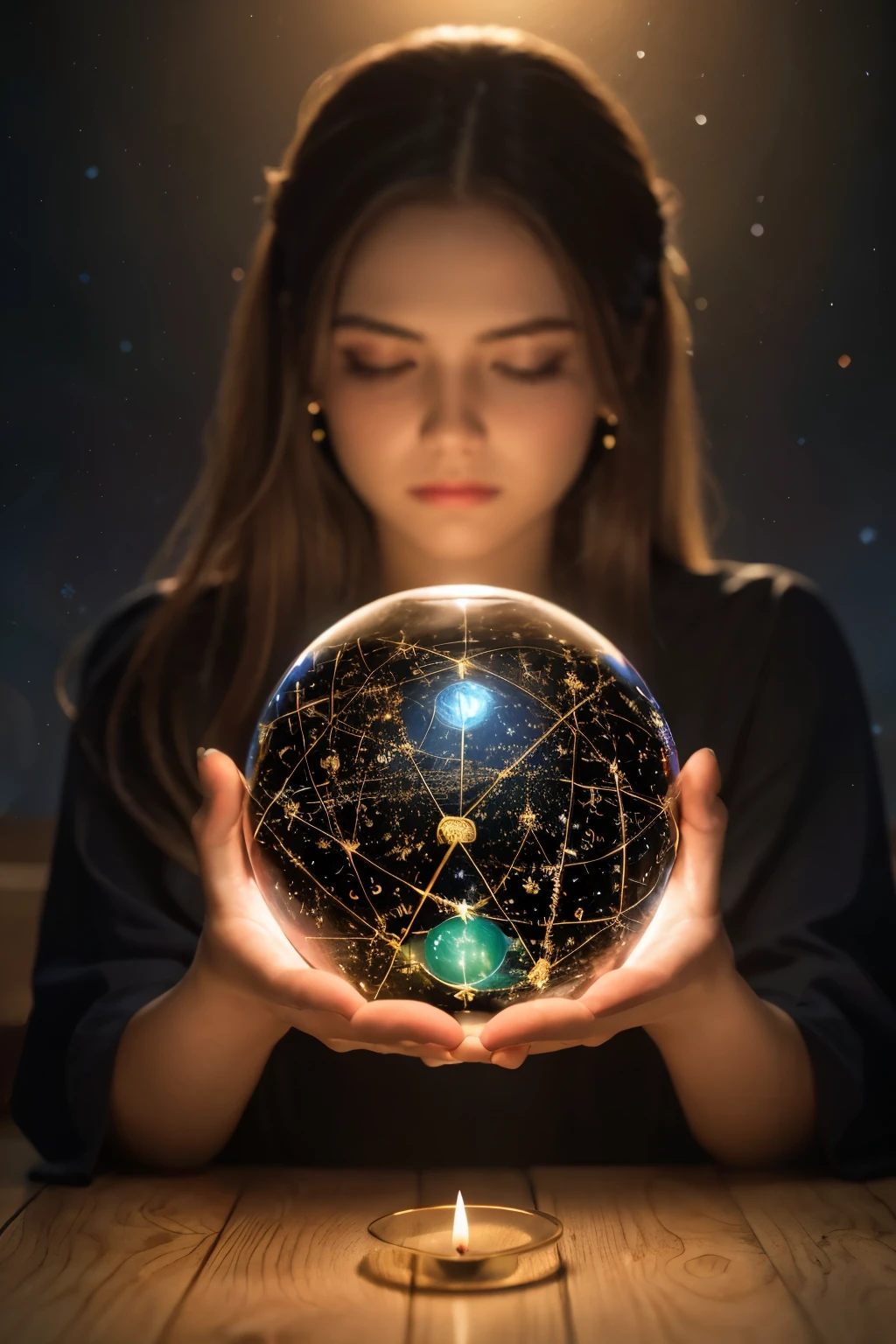 best quality, 8k, highres, realistic, detailed, woman astrologer, crystal ball, constellation, gemstones, candlelight, mystery,