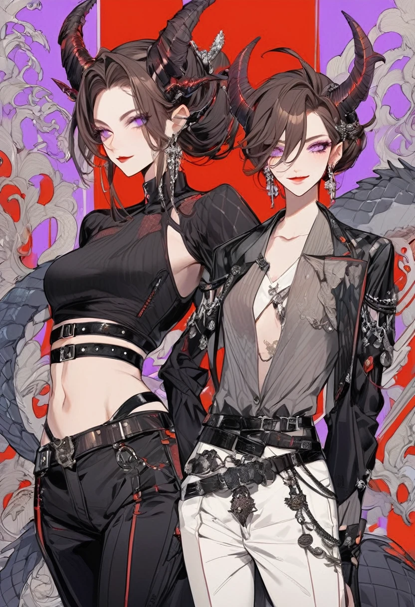 Tall woman, cheeky mad smile, brunette, hair gathered in a low bun, red and black clothes with open chest, purple eyes, dragon tail and horns, belts, pants, many details, light lipstick