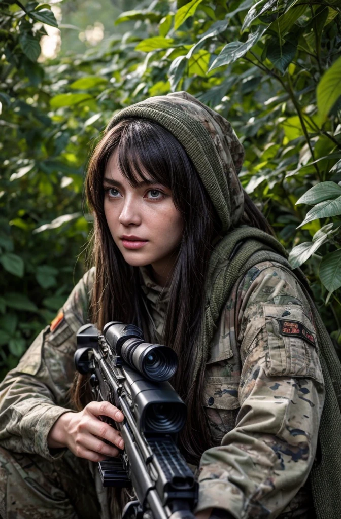 4K image of female sniper hiding in leaves., Wear a ghillie suit., Wear a sniper style camouflage uniform. ,Dark color, Masterpiece, Soft lighting and atmosphere, (god rays)