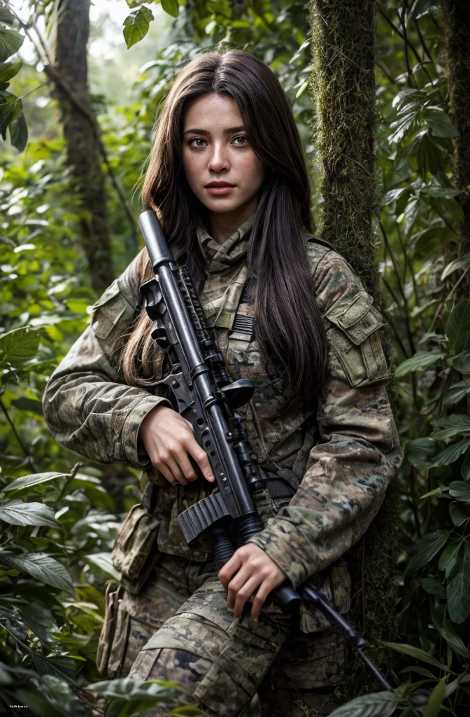 4K image of female sniper hiding in leaves., Wear a ghillie suit., Wear a sniper style camouflage uniform. ,Dark color, Masterpiece, Soft lighting and atmosphere, (god rays)