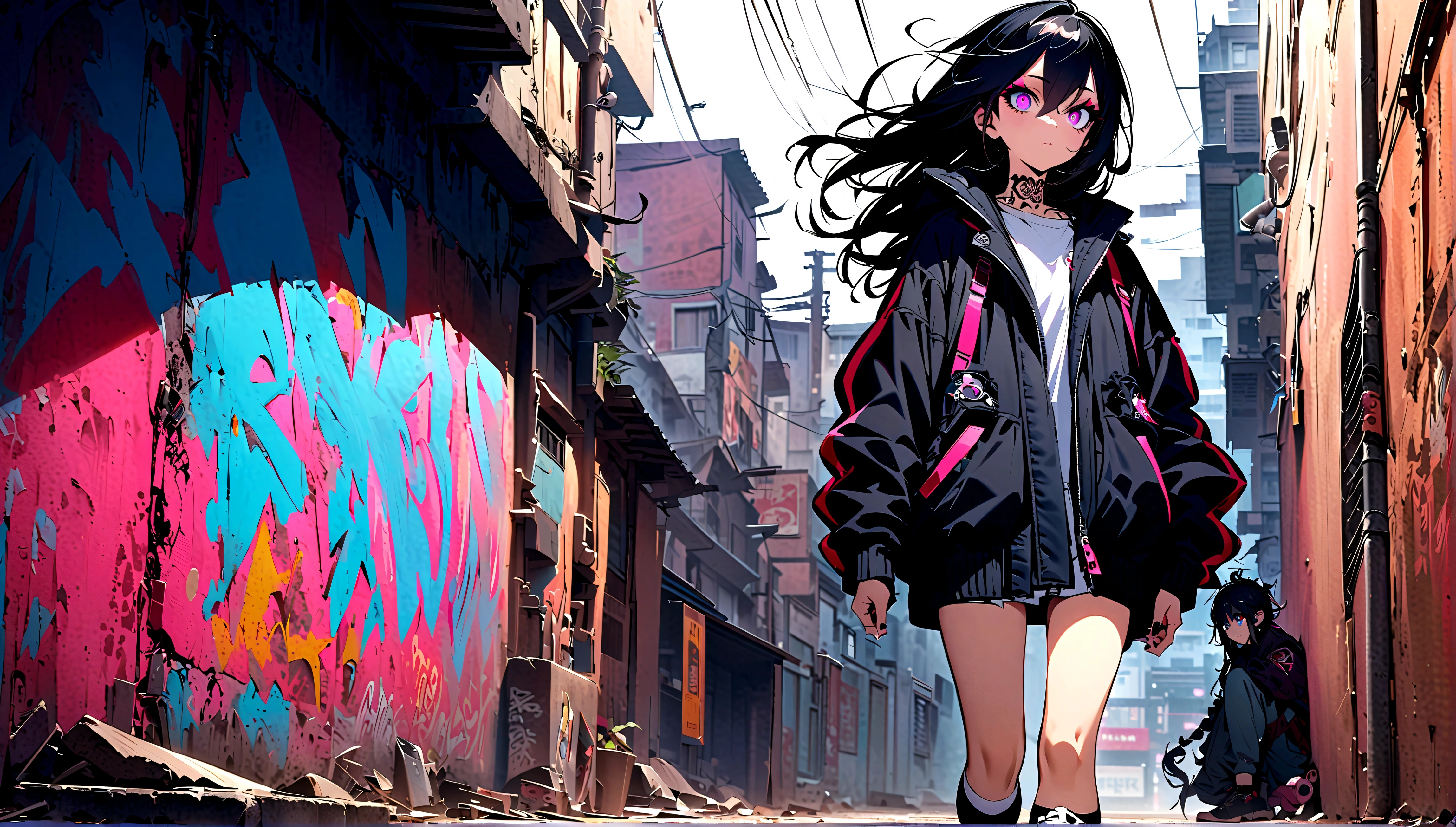 Step Piece, Best Quality, Best Illustration, Ultra-detailed,girl, pinkrose long hair, crazy baddie girl, Cool Black Open Short Jacket, neck tattoo, Messy Fade Cut Hair, Side braided hair,Crazy, standing with an eerie feeling, abandond street graffiti wall background,knee high socks, quirky sneakers, Eyeshadow on the eyes,unusual colored eyes, Eyes of fear, Vivid eyes, cool shot