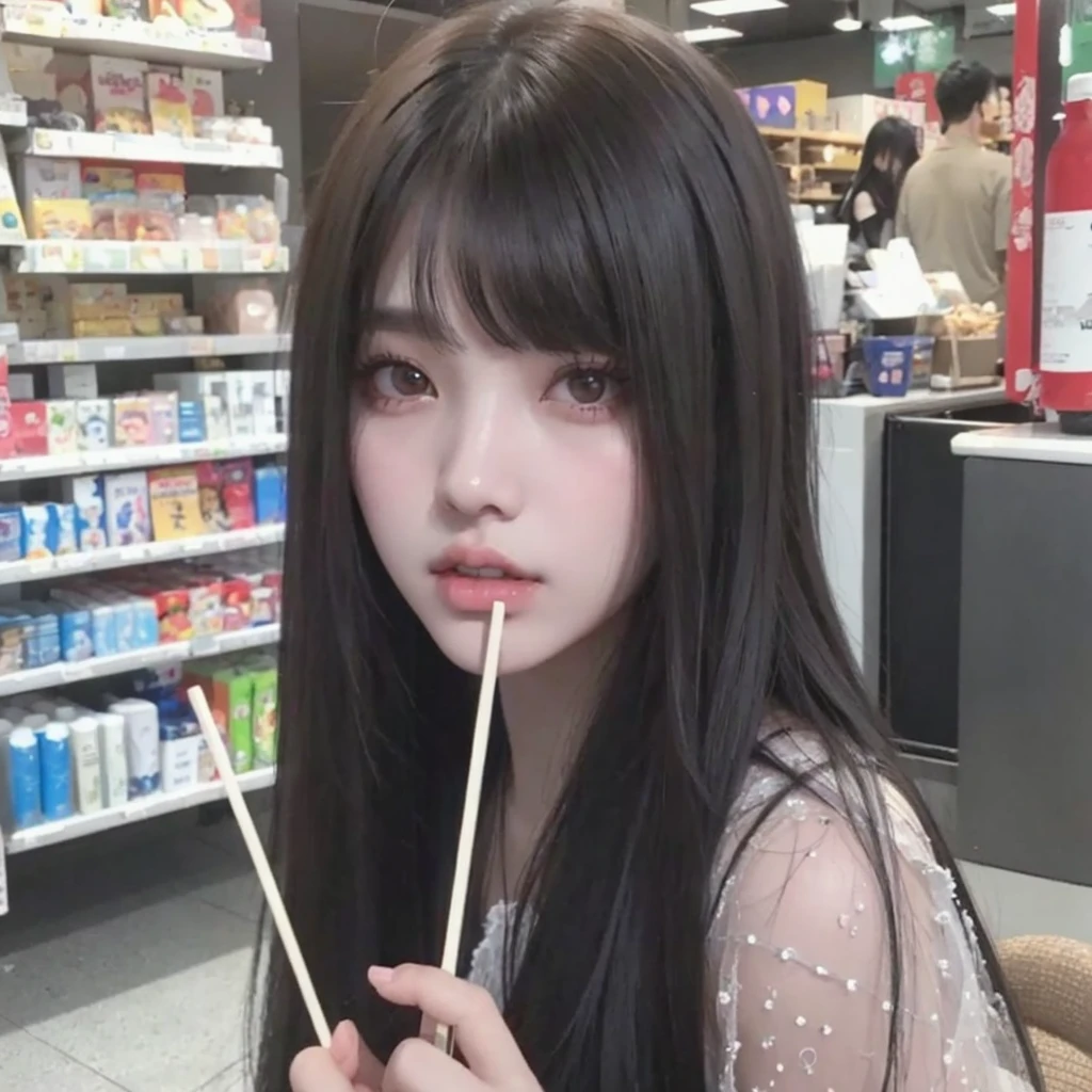 Korean ulzzang girl with long black hair with bangs. Wears a white crop top and black pants. Beautiful ulzzang girl with gothic style, soft face and pale skin. She is taking chopsticks.