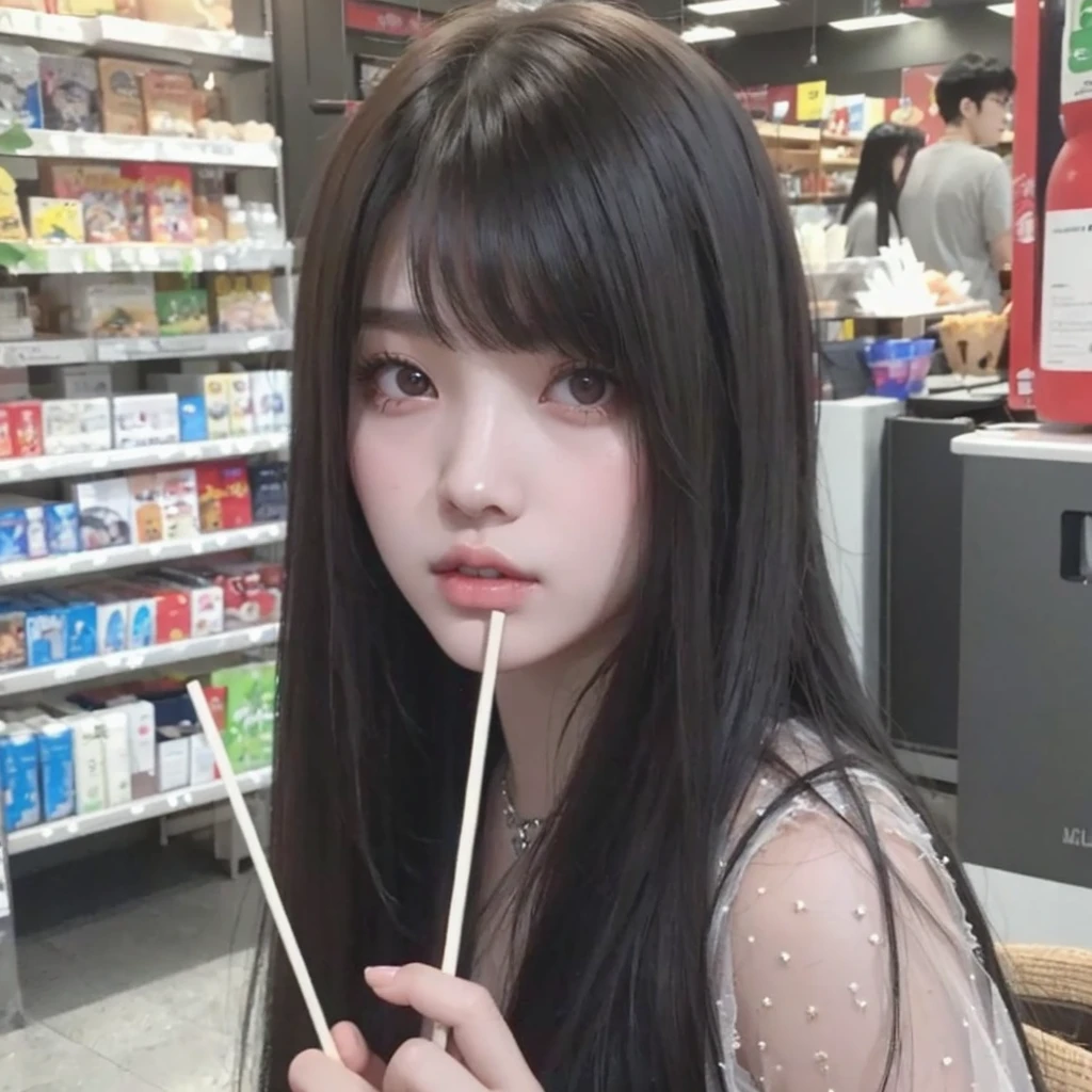 Korean ulzzang girl with long black hair with bangs. Wears a white crop top and black pants. Beautiful ulzzang girl with gothic style, soft face and pale skin. She is taking chopsticks.