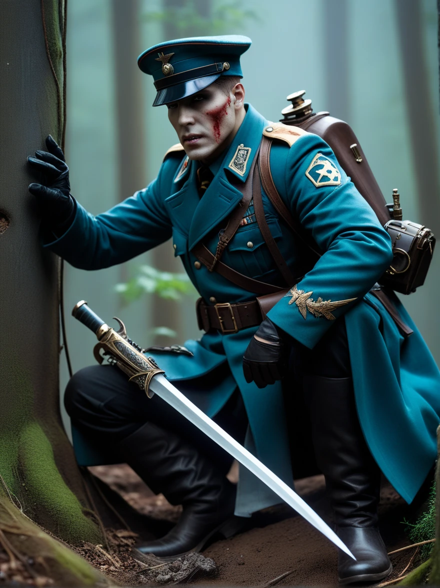((masterpiece), (best quality), (supernatural),a cryptid rotten decayed undead zombie anaglyphic steampunk german soldier from wwii necromancer in action, evil by stephanie law and jesper Ejsing, photorealism, in HD, hyperrealism,
