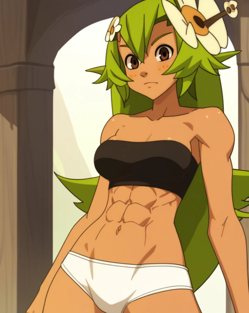 score_8_up, score_7_up, score_6_up, score_5_up, score_4_up, anime screenshot
1girl, solo, dark-skinned girl,  shoulders, green hair, amaliayoung, long hair, , hair flower, navel, strapless, panties, very strong abs

wakfu

standing, upper body, looking at viewer,