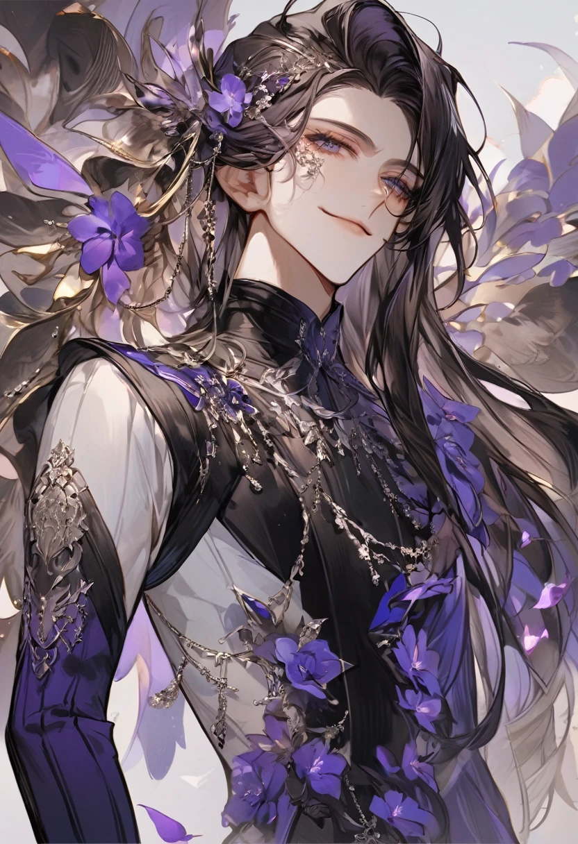 Feminine boy, beautiful facial features, smile, squinted siren dark blue eyes without glare, silver and dark purple long hair with straight bang, fantasy black fit clothes with blue and purple elements, long black gloves, model, gorgeous, elegant, lots of silver jewelry, flowers in his hair, skinny body