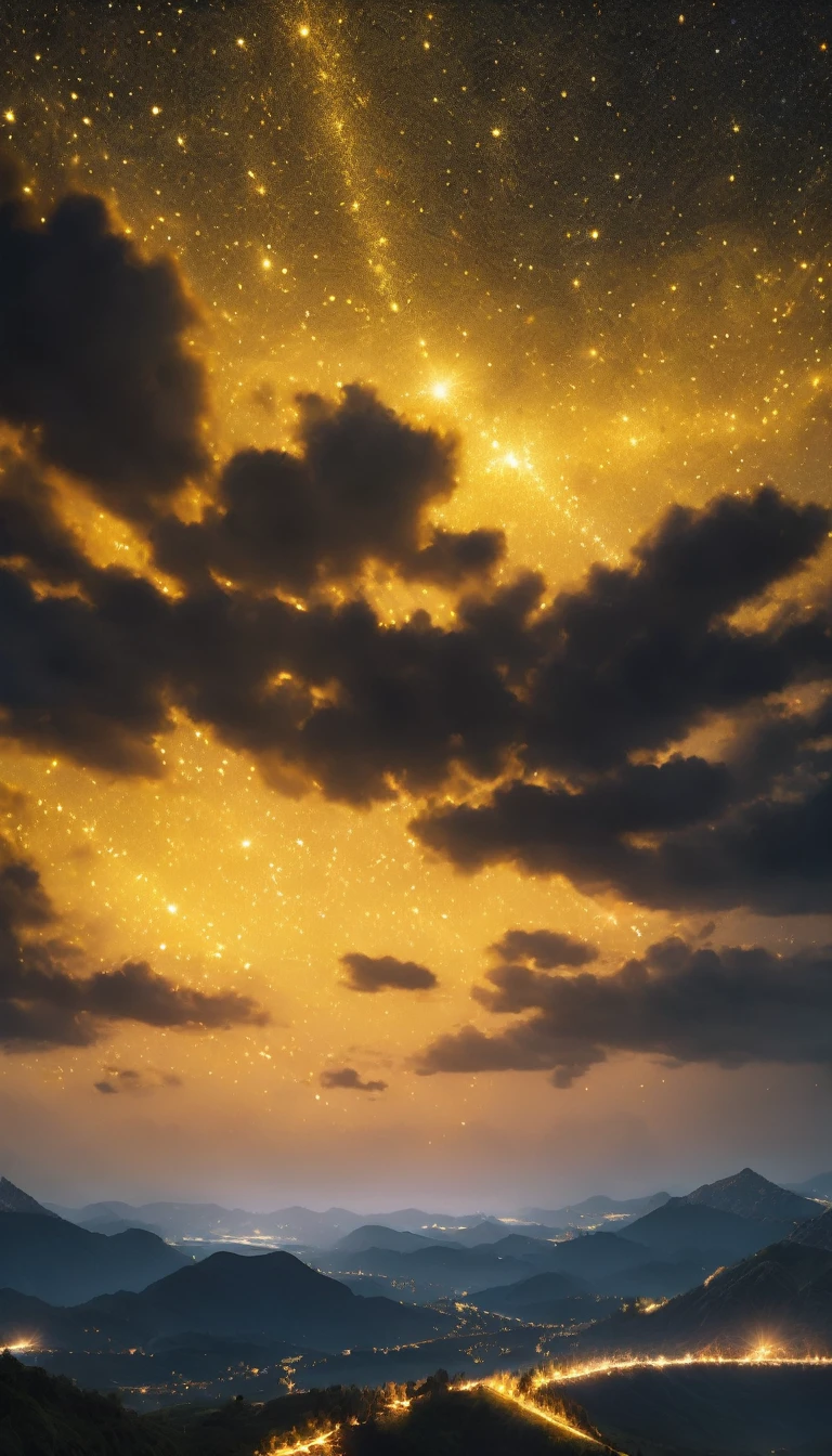Yellow Sky,Band of Light,Particles of light,Twinkling Stars Ultra-Realistic, photo-realistic, ultra-definition, 4K, top quality, masterpiece,The sky