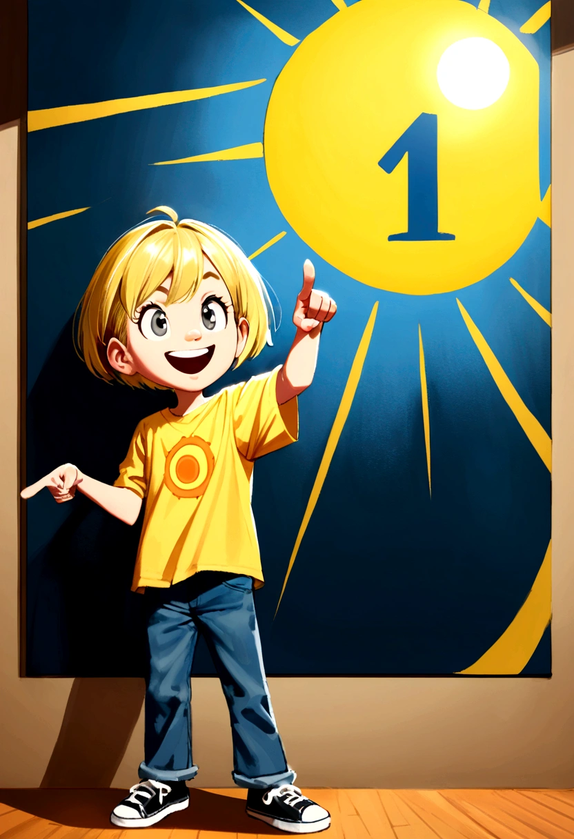 1 , yellow shirt with sun design, jeans, black sneakers, Grinning, standing with hand pointing to the number 1, gray eyes, blonde and short hair, Pixar drawing