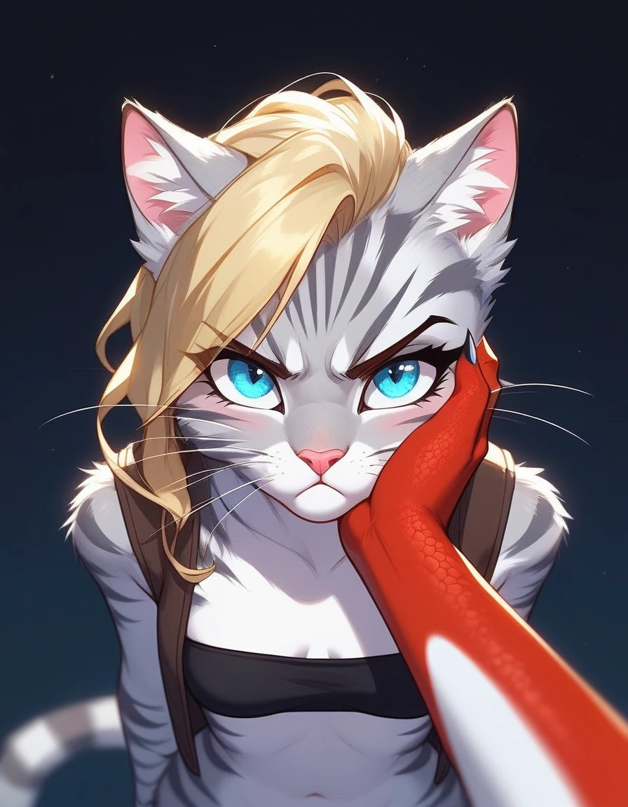 , score_9,score_8_up,score_7_up, source_furry, kat, Anthro furry feline, cute female, tall slender body, long blonde hair, undercut hair, pink nose, :3, blue eyes, white whiskers, silver fur, grey stripes, furry body, pouting, grumpy, wearing black cloth vest, black bandeau, BREAK, pov, pov viewer is holding her cheeks, viewer is a female red reptile, red reptile hands, 