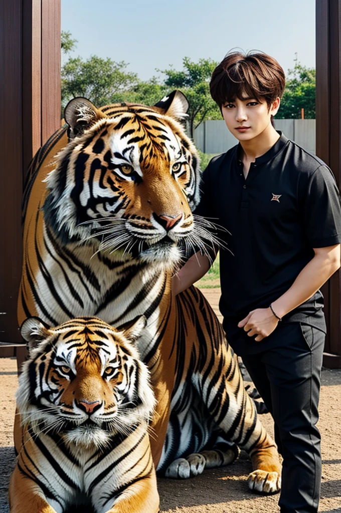 Jeon Jungkook stands next to a Bengal tiger