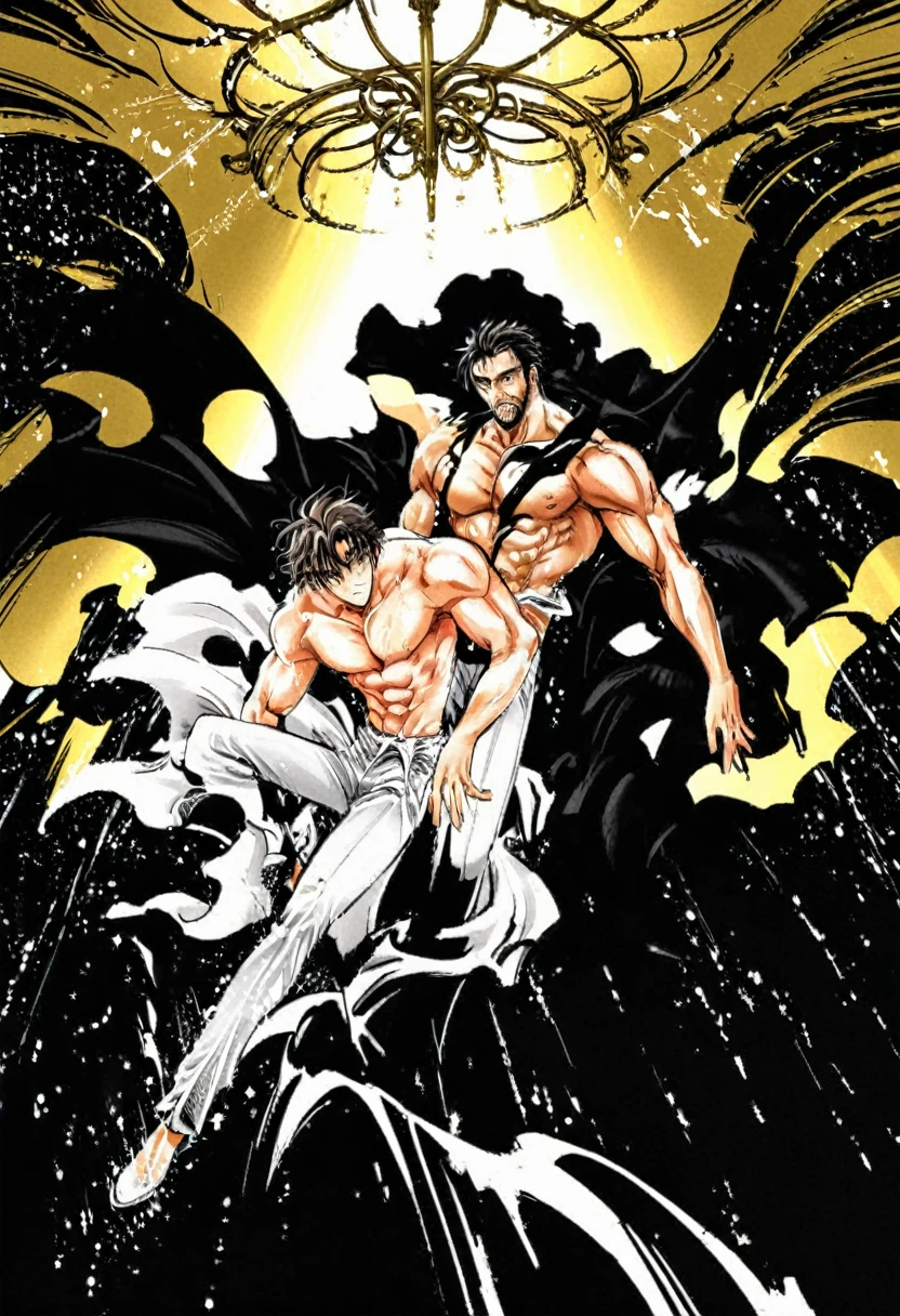 Elegant white and gold room, 1 chico, brown beard, muscular, shirtless , white pants , black overlay , dark brown wavy hair