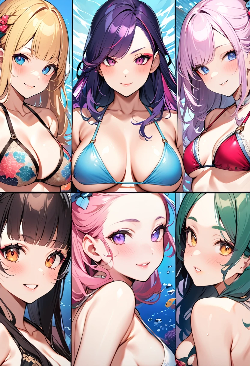 Highest quality、High resolution、Detailed Background、Beautifully detailed face、age beauty、(Five women)、Under the deep sea、Highly detailed face、well-groomed eyebrows、Cute Eye Makeup、Cute Lip Makeup、Brightly colored hair、Cute hairstyle、Big Titicro bikini with fancy pattern、A big smile、Accentuate your attractive buttocks、Show your armpits、Sexy pose、Uplifting、
(Under the deep sea躍動的に踊っている2人の美少女:1.5)、very beautiful