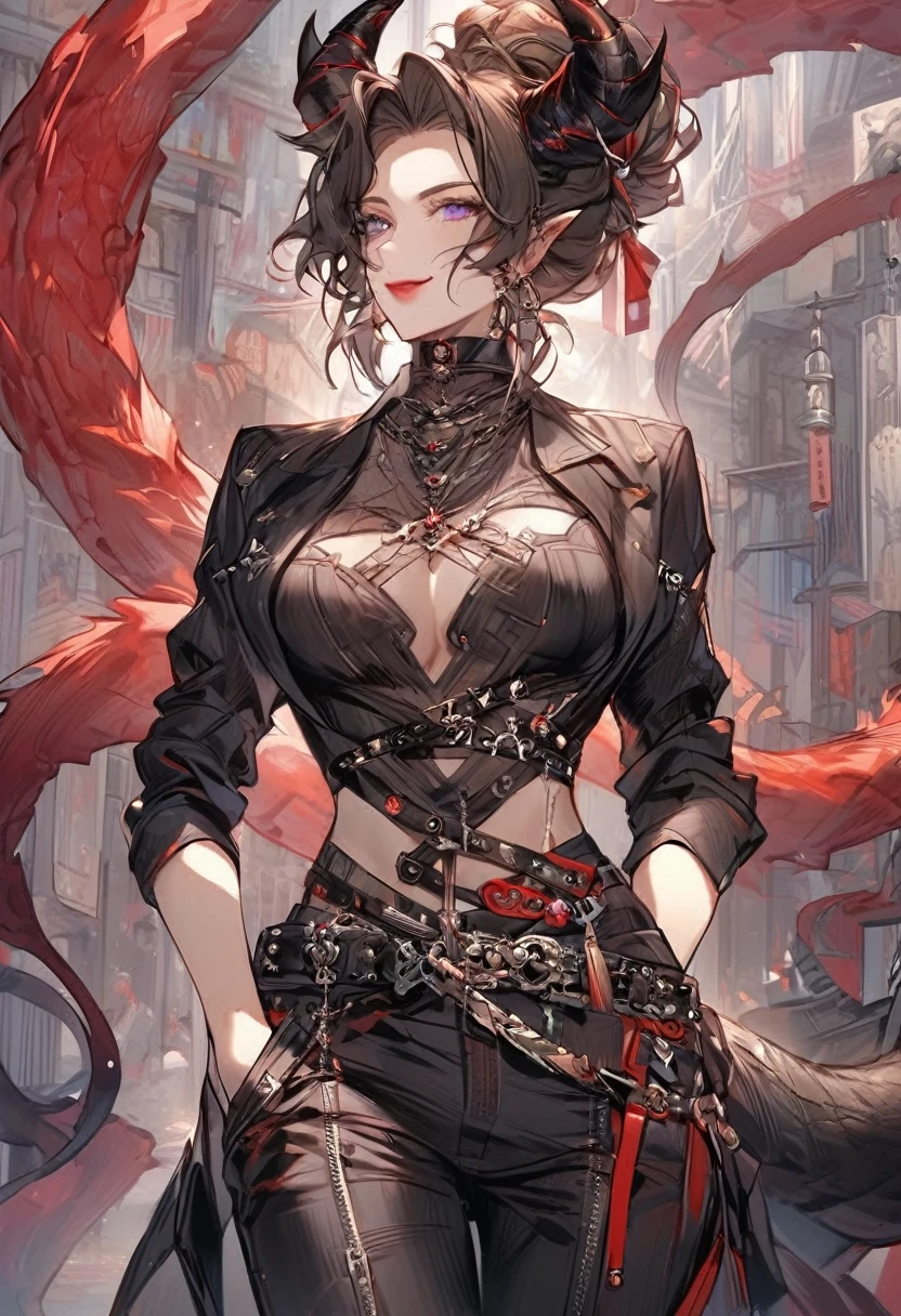 Tall woman, cheeky mad smile, brunette, hair gathered in a low bun, red and black clothes with open chest, purple eyes, dragon tail and horns, belts, pants, many details, light lipstick