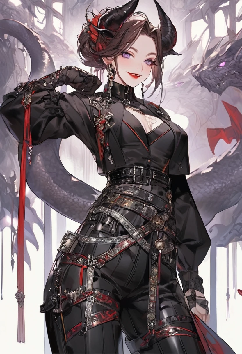 Tall woman, cheeky mad smile, brunette, hair gathered in a low bun, red and black clothes with open chest, purple eyes, dragon tail and horns, belts, pants, many details, light lipstick