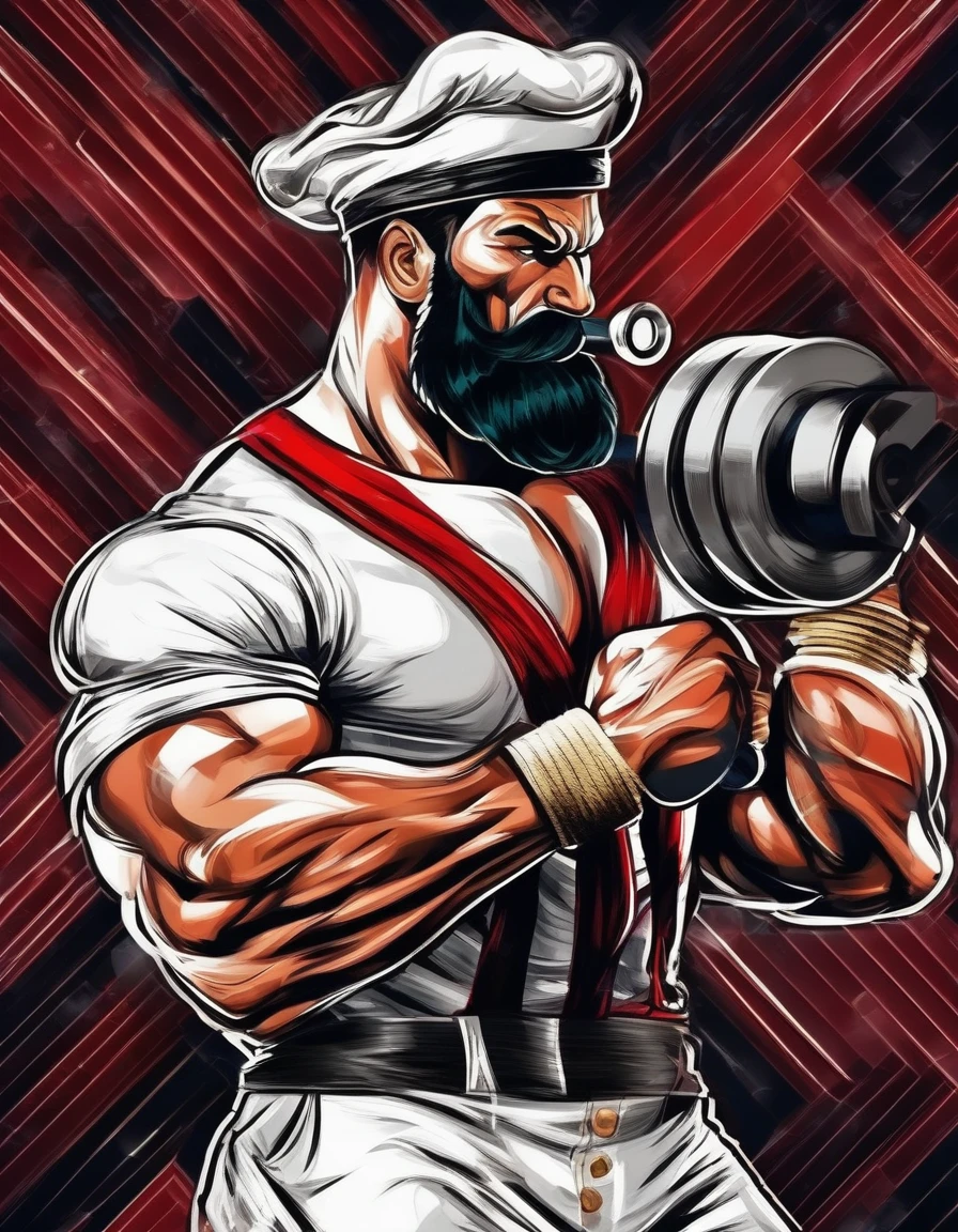 cinematic photo Sailor Popeye faithful to the work, lifting a big dumbbell as a bodybuilding athlete, highlighting your chin and forearm, your muscles well defined, Symmetrical, not exaggerated, harmonic, classic sailor look with pipe, black beard. with a powerful expression, Determined, force. The background of the image with elements of the work such as spinach, pipe and a gym, like weights, dumbbells, training equipment. With an intense atmosphere. Essence "badass" clenched fists, left eye is white . highy detailed, film, bokeh, proffesional, highy detailed