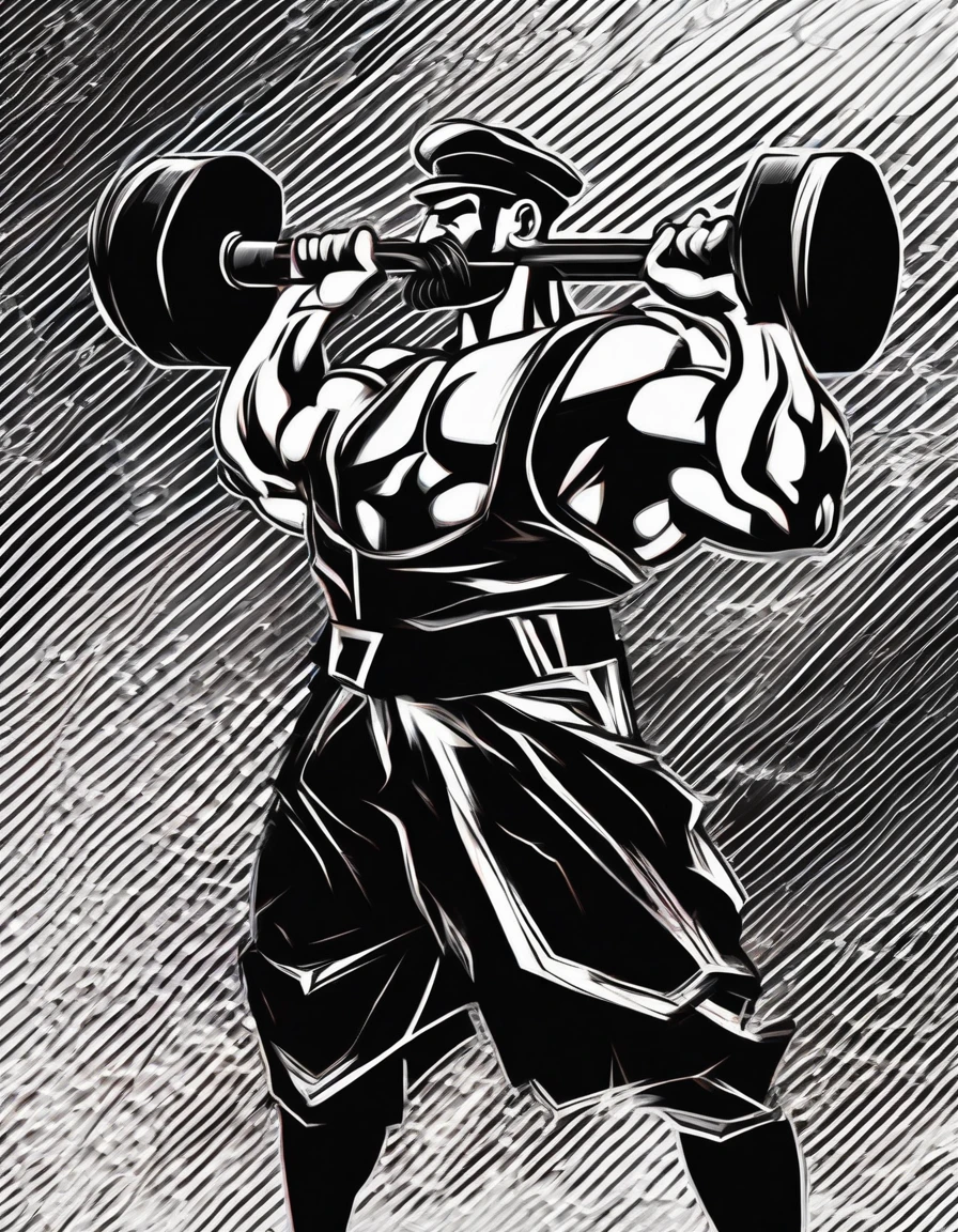 cinematic photo Sailor Popeye faithful to the work, lifting a big dumbbell as a bodybuilding athlete, highlighting your chin and forearm, your muscles well defined, Symmetrical, not exaggerated, harmonic, classic sailor look with pipe, black beard. with a powerful expression, Determined, force. The background of the image with elements of the work such as spinach, pipe and a gym, like weights, dumbbells, training equipment. With an intense atmosphere. Essence "badass" clenched fists, left eye is white . highy detailed, film, bokeh, proffesional, highy detailed