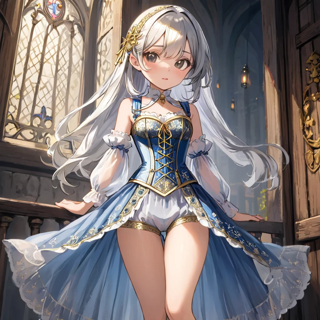 8 year old medieval girl, １people、In underwear、Gold and silver thread embroidery、Translucent underwear that reaches below the knee（Bloomers）wear、wear a semi-transparent corset、Translucent slip