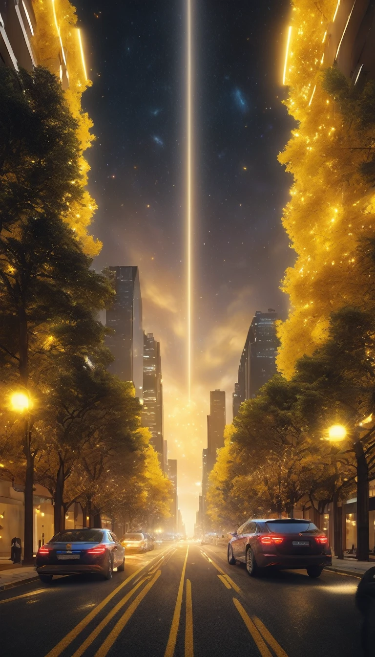 Yellow Sky,Band of Light,Particles of light,Twinkling Stars Ultra-Realistic, photo-realistic, ultra-definition, 4K, top quality, masterpiece,The sky