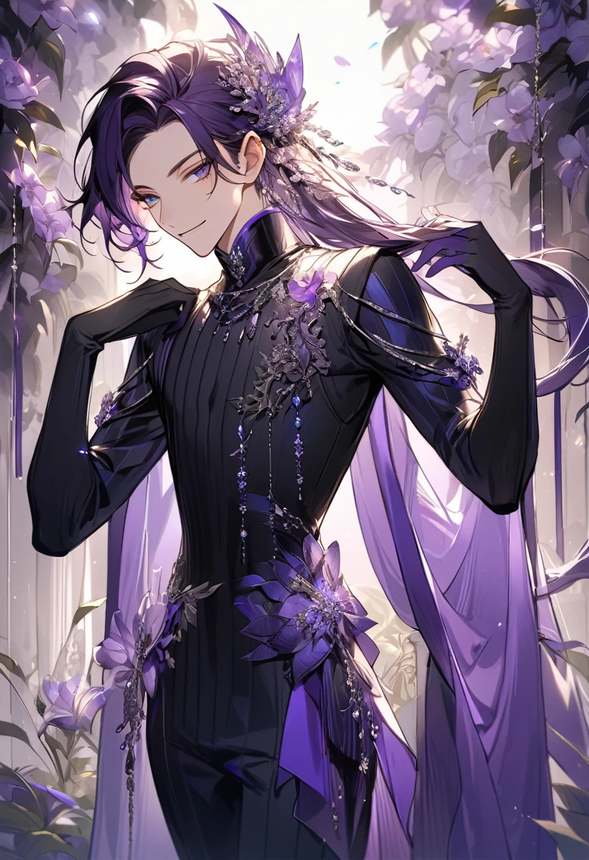 Feminine boy, beautiful soft facial features, smile, squinted siren dark blue eyes without glare, silver and dark purple long hair with straight bang, fantasy black fit clothes with blue and purple elements, long black gloves, model, gorgeous, elegant, lots of silver jewelry, flowers in his hair, skinny body