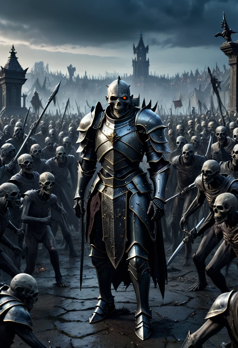 (master piece), 8k, best quality, panoramic view, full body view, One undead in armor surrounded by many undead ?????