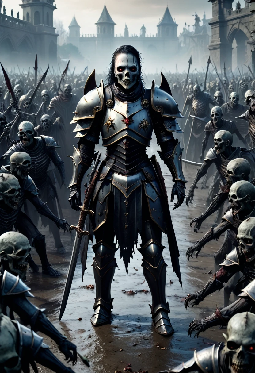 (master piece), 8k, best quality, panoramic view, full body view, One undead in armor surrounded by many undead naked