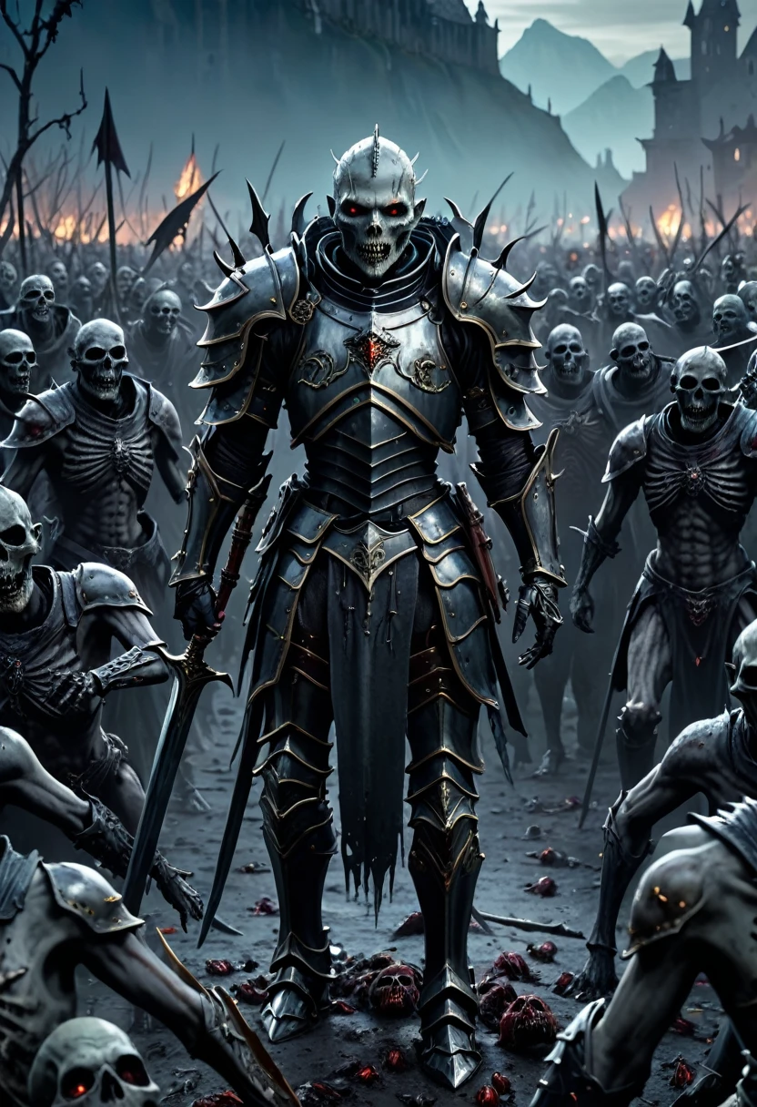 (master piece), 8k, best quality, panoramic view, full body view, One undead in armor surrounded by many undead naked