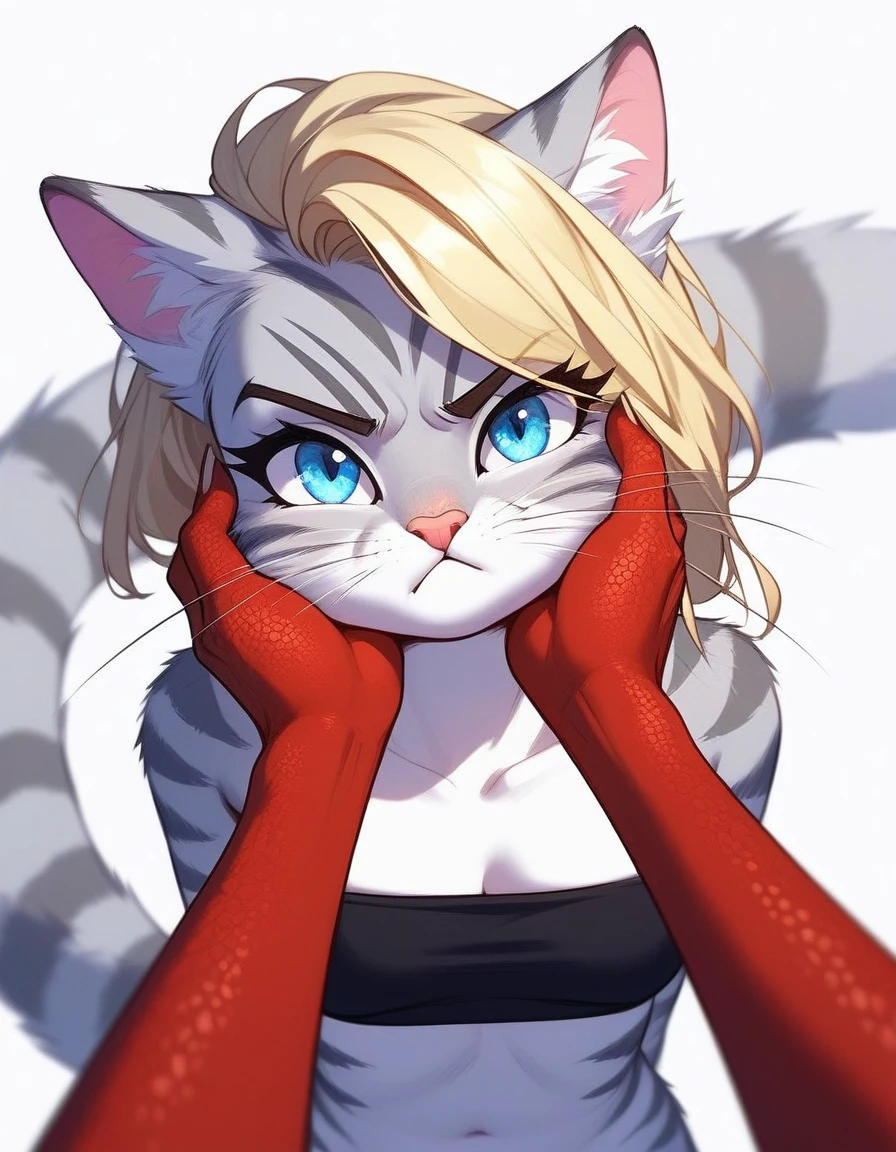 , score_9,score_8_up,score_7_up, source_furry, kat, Anthro furry feline, cute female, tall slender body, long blonde hair, undercut hair, pink nose, :3, blue eyes, white whiskers, silver fur, grey stripes, furry body, pouting, grumpy, wearing black bandeau, BREAK, pov, pov viewer is holding her cheeks, viewer is a female red reptile, red reptile hands,