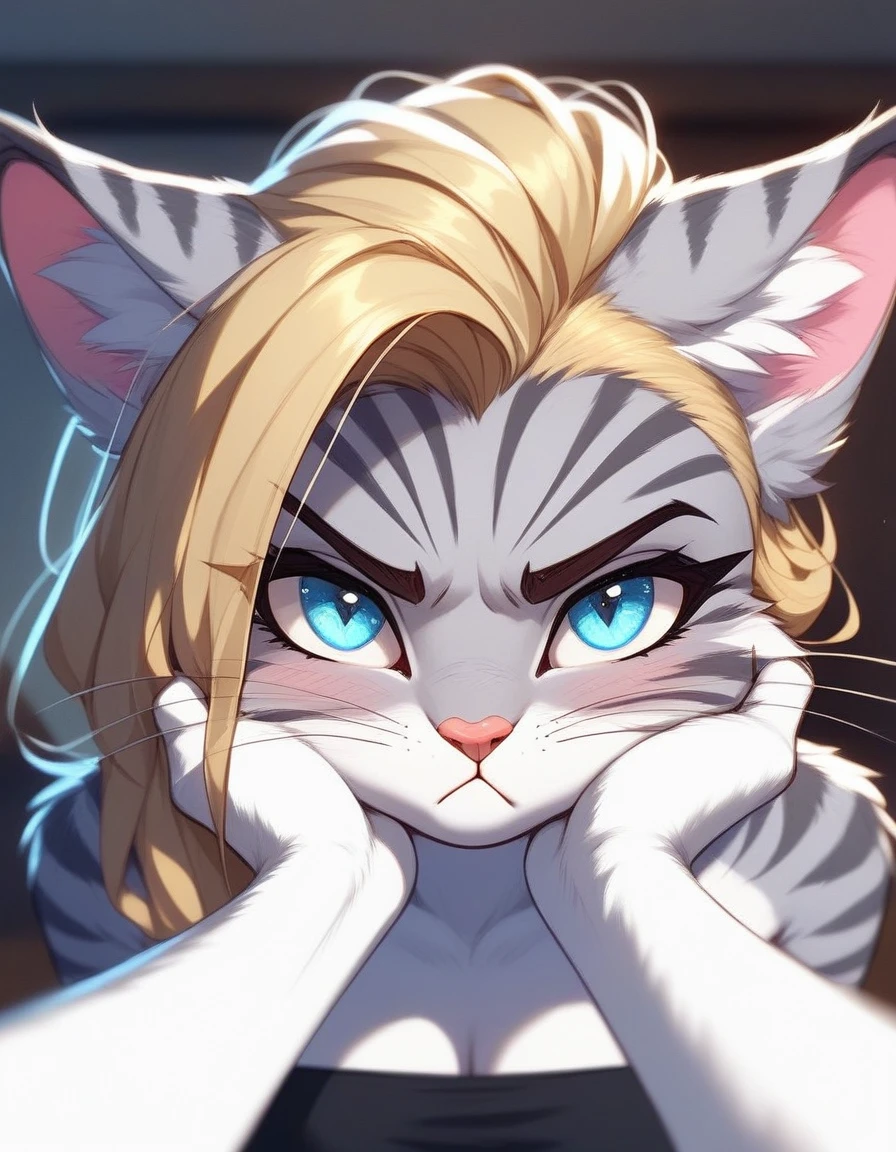 , score_9,score_8_up,score_7_up, source_furry, kat, Anthro furry feline, cute female, tall slender body, long blonde hair, undercut hair, pink nose, :3, blue eyes, white whiskers, silver fur, grey stripes, furry body, pouting, grumpy, wearing black bandeau, BREAK, pov, pov viewer is holding her cheeks, viewer is a female red reptile, red reptile hands,