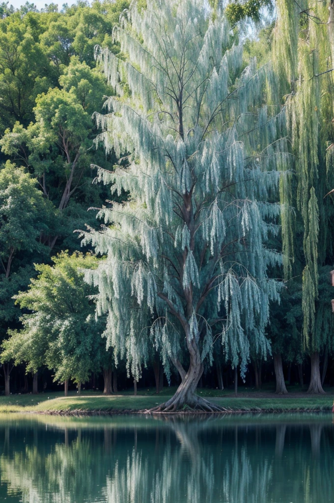 Mystical willow tree with blooming blue lake with natural and beautiful vegetation