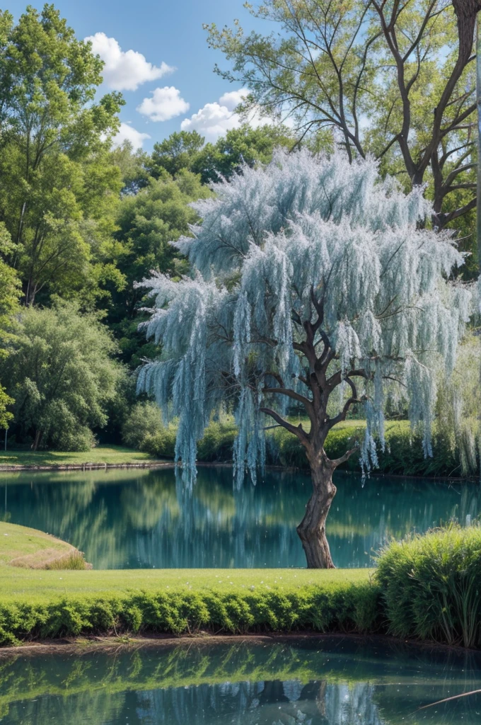 Mystical willow tree with blooming blue lake with natural and beautiful vegetation