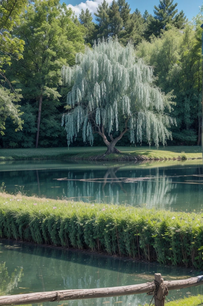 Mystical willow tree with blooming blue lake with natural and beautiful vegetation