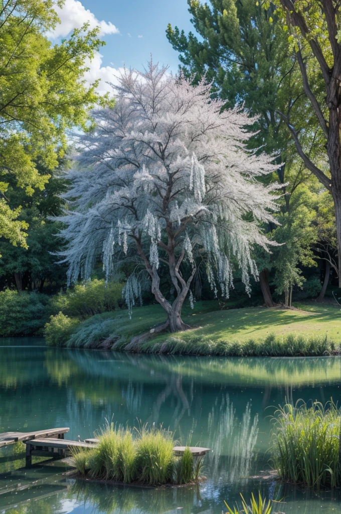 Mystical willow tree with blooming blue lake with natural and beautiful vegetation
