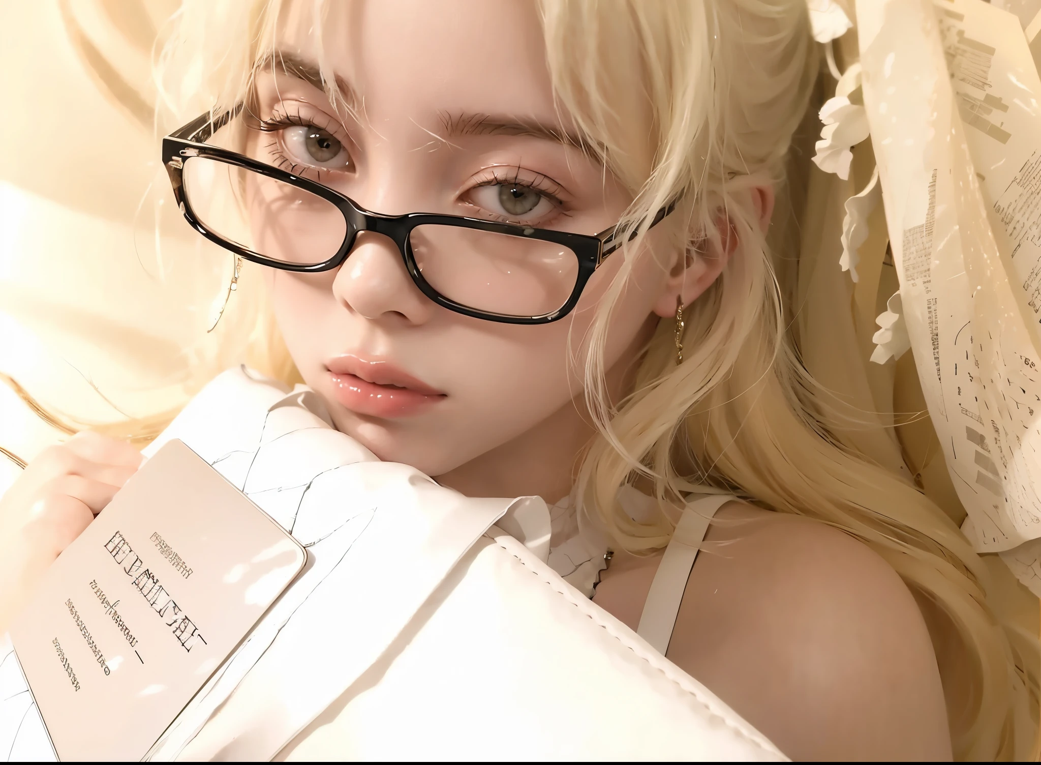 Billie Eilish with glasses and a book on her lap