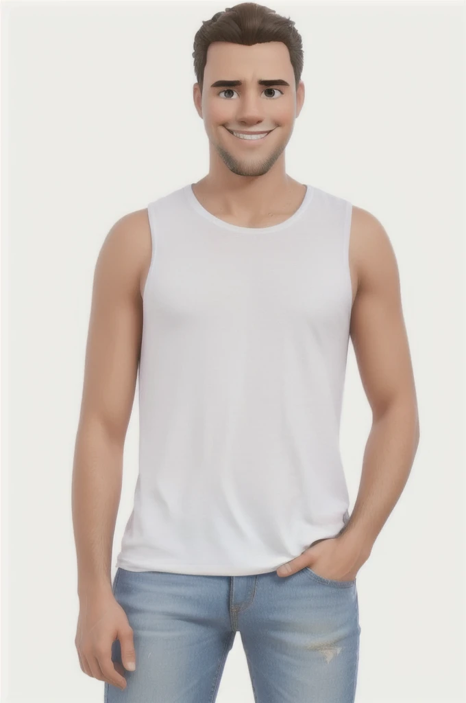 young man, smiling, mustache, goatee, white tank top, sunglasses, looking forward, 8k, clear