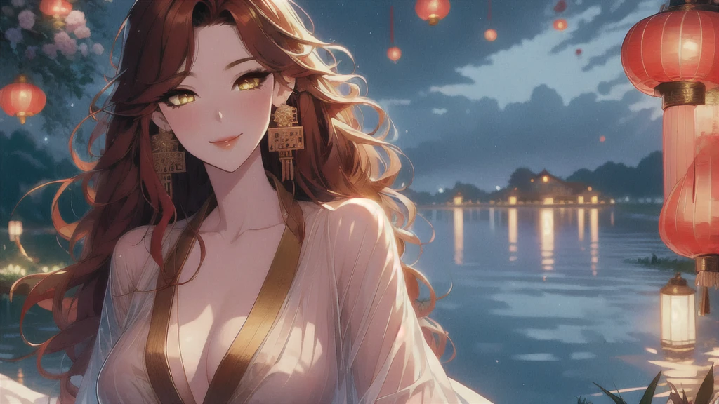 UHD, textured skin, high detail, anatomically correct, SOLO, 1 female, Xian mei, unique golden eyes, long red curly hair, jewelry, round, big breasts, perfect anatomy, walking by the lake, clear water nude, nude, sexy, hot , stars at night, shooting stars, wonderful sky, dear night sky,