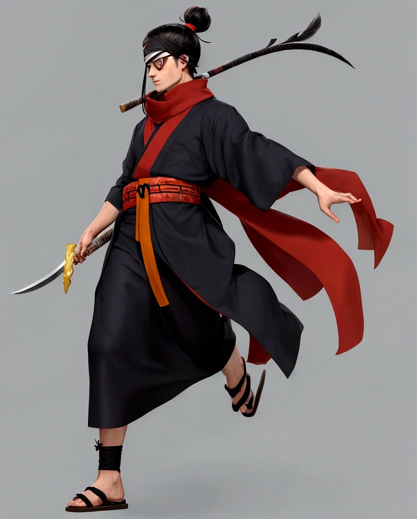 a drawing of a young man in a school kimono, full body concept, dressed with long fluent clothes, using a scarf, long hair using a kanszashi stick in the hair to hold the hair bun decorated with a red ribbon and a feather, wear socks and sandals, strong, exposed arms, holding a socket adaga inspirada na arma do personagem asuma Sarutobi na mão direita, look serious and worried, holding a socket/kunai in right hand pointing backwards, holding a dagger in his right hand with a socket, holding tekko socket gun