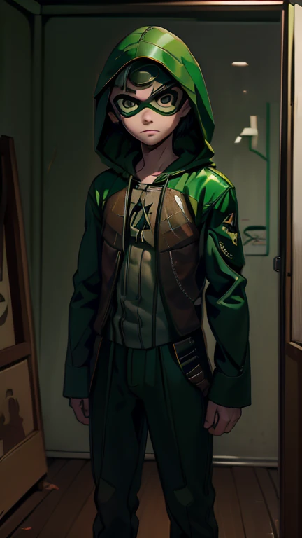 best quality,masterpiece,1boy,solo,(((15years old))),japanese boy,an extremely cute and handsome boy,highly detailed beautiful face and eyes,petit,cute face,lovely face,baby face,shy smile,show teeth,Blonde hair,Short hair,flat chest,skinny,slender,(((wearing a Green Arrow costume,green hood,green dominomask))),(((standing in reelunsettling dark indoors room))),he is looking at the viewer,