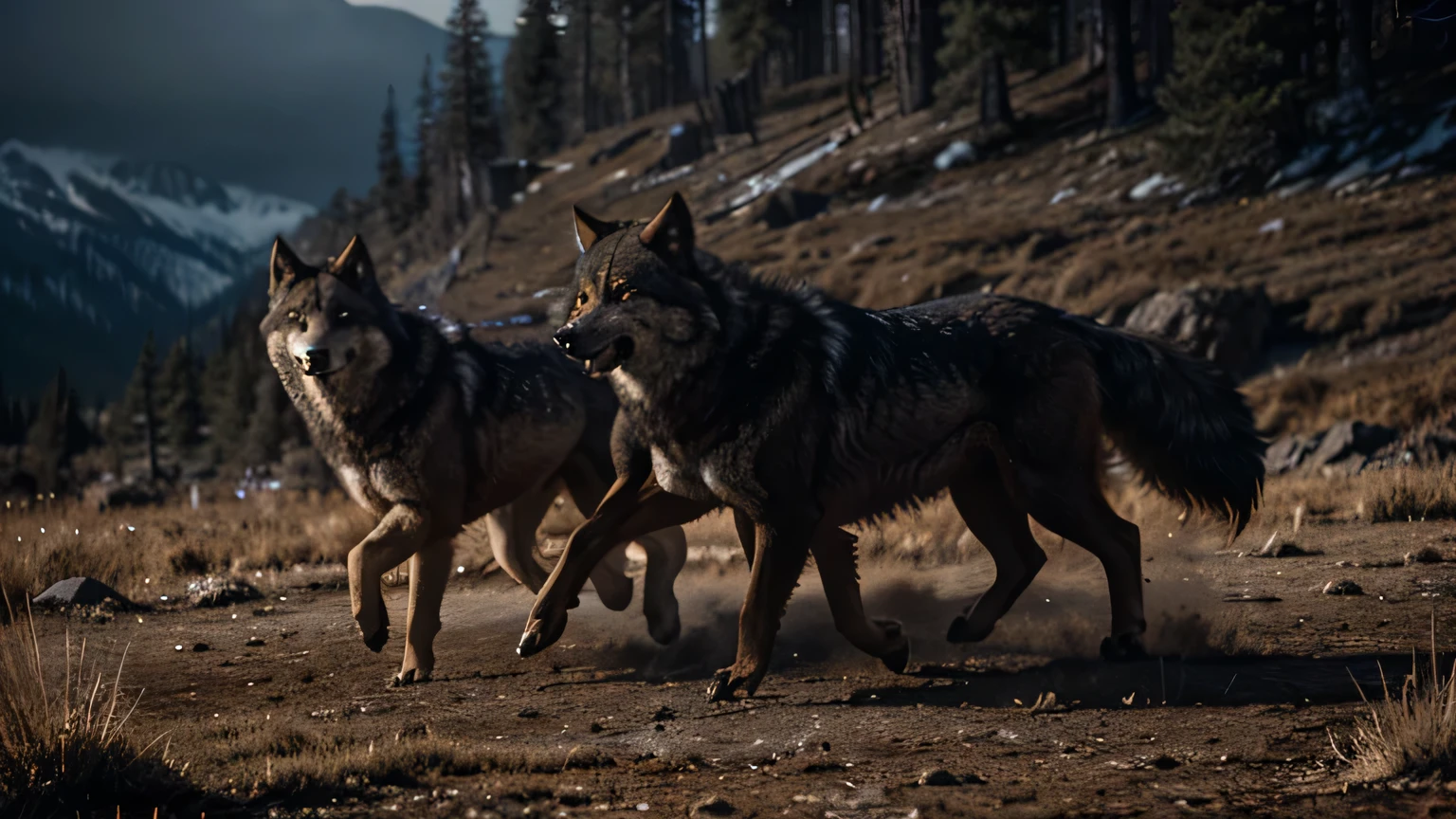 a pack of wolves, ultra-detailed, 8k, photorealistic, highly detailed animal fur, striking eyes, dynamic poses, wilderness environment, moody lighting, dramatic atmosphere, cinematic composition, earthy color palette