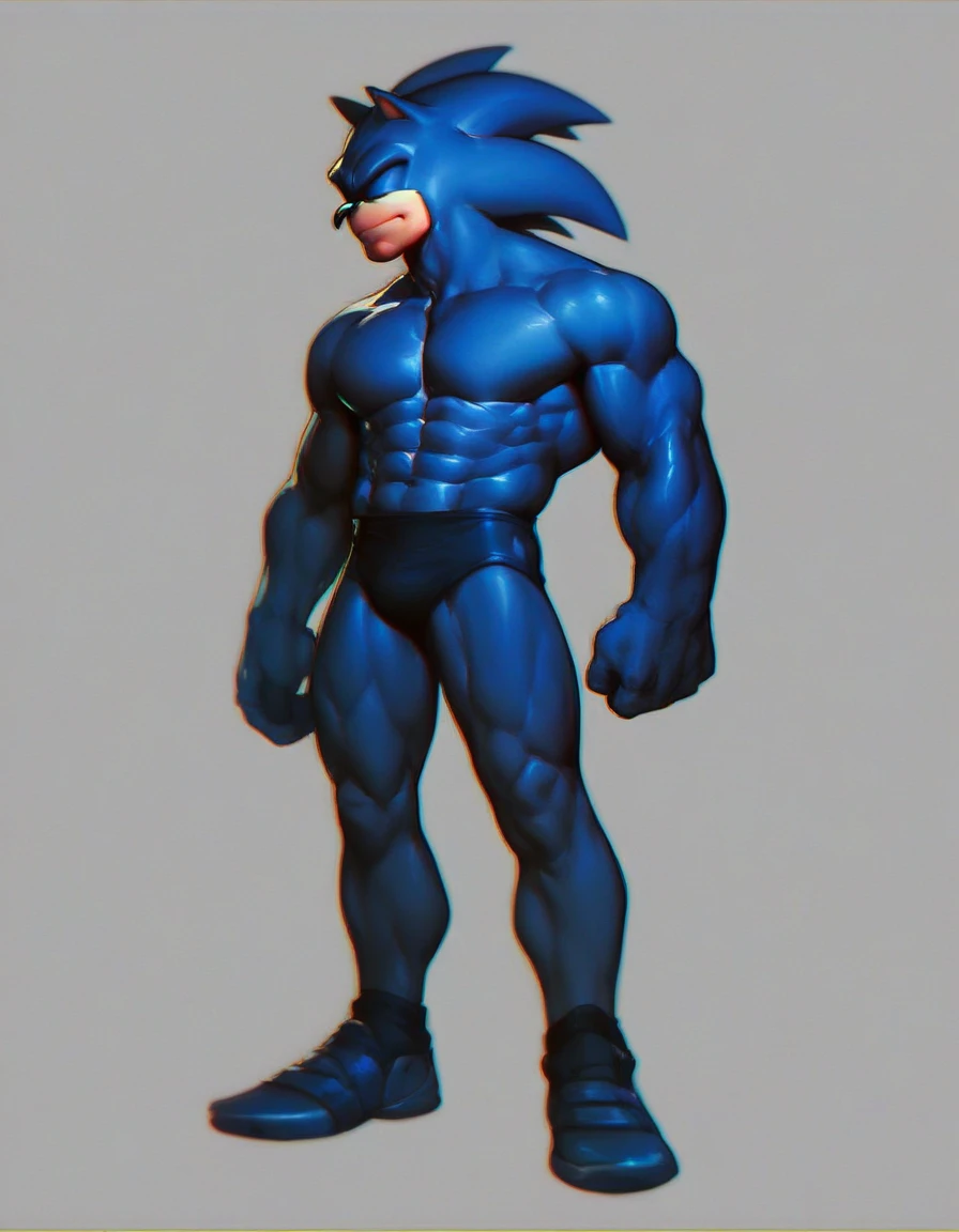 batman_sonic, solo, simple background, 1boy, standing, full body, male focus, ears, grey background, muscular, abs, muscular male, blue theme, arms at sides, source